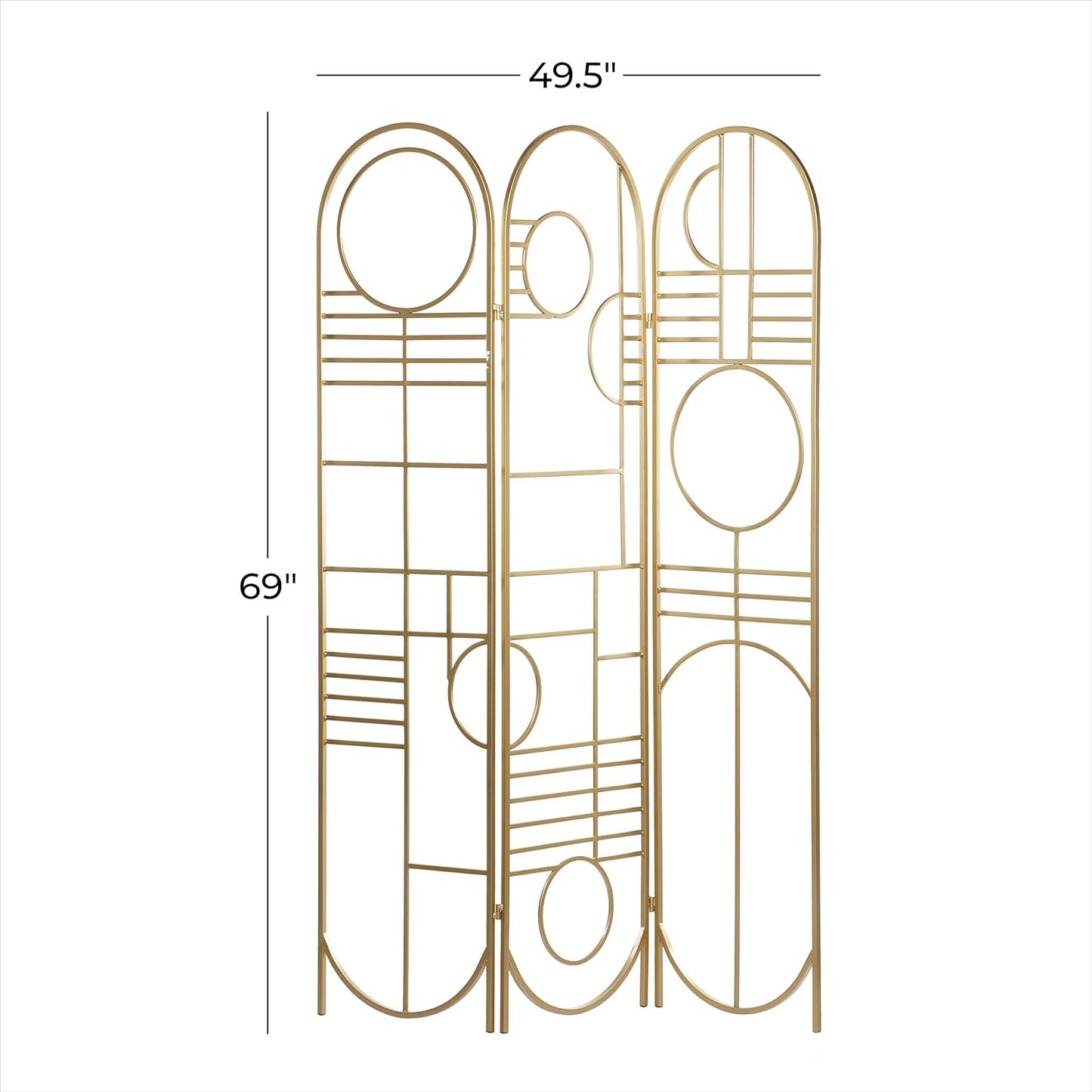NEW - Deco 79 Metal Geometric Partition Room Divider Screen Hinged Foldable Arched Partition 3 Panel Privacy Screen, Room Partition 50" x 1" x 69", Gold - Retail $113