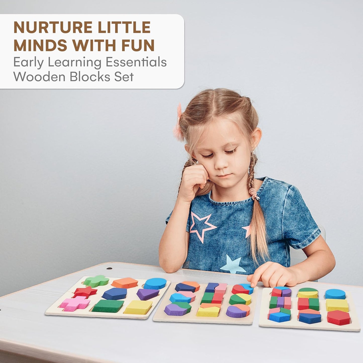 Wooden Number Alphabet Blocks (6 Pc) - Multicolor, Safe Pre-School Child Puzzles, Real Wood (3+ Age)