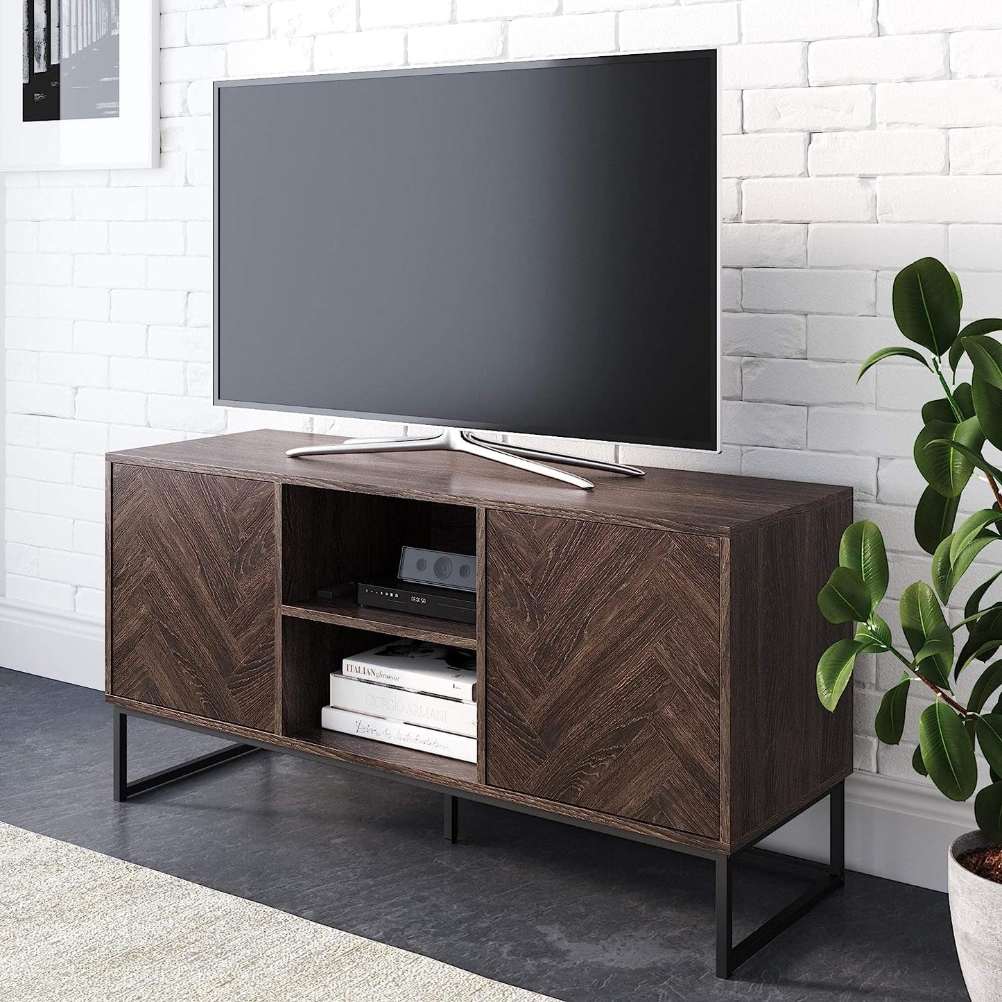 NEW - Nathan James Dylan Media Console Cabinet or TV Stand with Doors for Hidden Storage Herringbone Wood Pattern and Metal, Gray/Matte Black Length: 47" x Width: 16" x Height: 24" - Retail $169