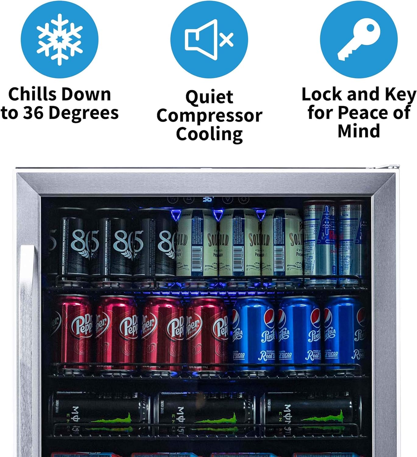 NEW - NewAir Beverage Refrigerator Cooler with 177 Can Capacity - Stainless Steel Mini Bar Beer Fridge with Reversible Hinge Glass Door - Cools to 37F - Retail $715