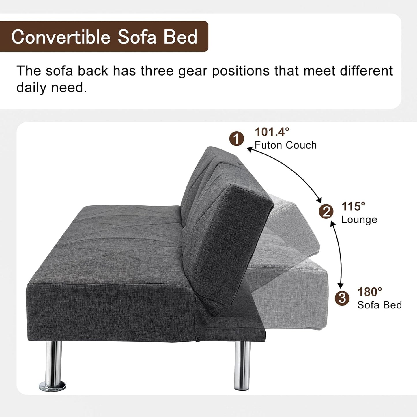 NEW - VECELO Modern Convertible Folding Futon Sofa Bed with Removable Armrests Breathable Linen Recliner Couch for Living Room/Apartment Lounge, 2 Cup Holders, Dark Grey - Retail $199