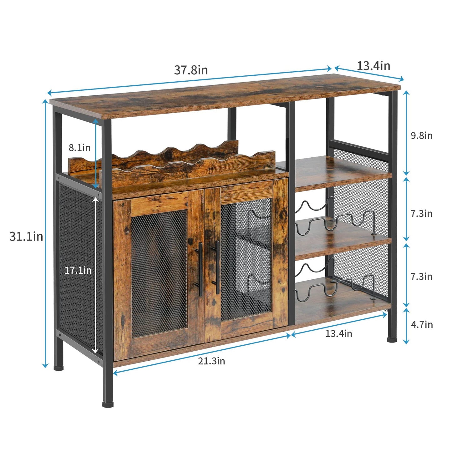X-cosrack Wine Bar Rack Cabinet with Detachable Wine Rack, Coffee Bar Cabinet with Glass Holder, Small Sideboard and Buffet Cabinet with Mesh Door, Rustic Brown, Large