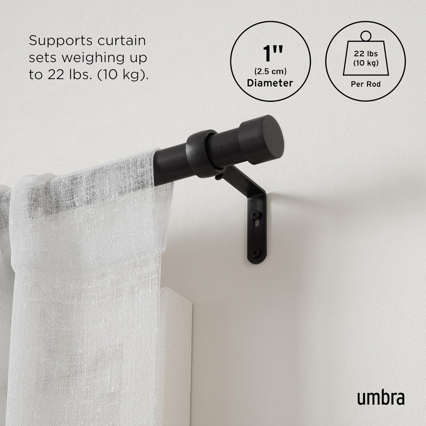 Umbra Cappa Curtain Rod, Includes 2 Matching Finials, Brackets & Hardware 36-72” Black