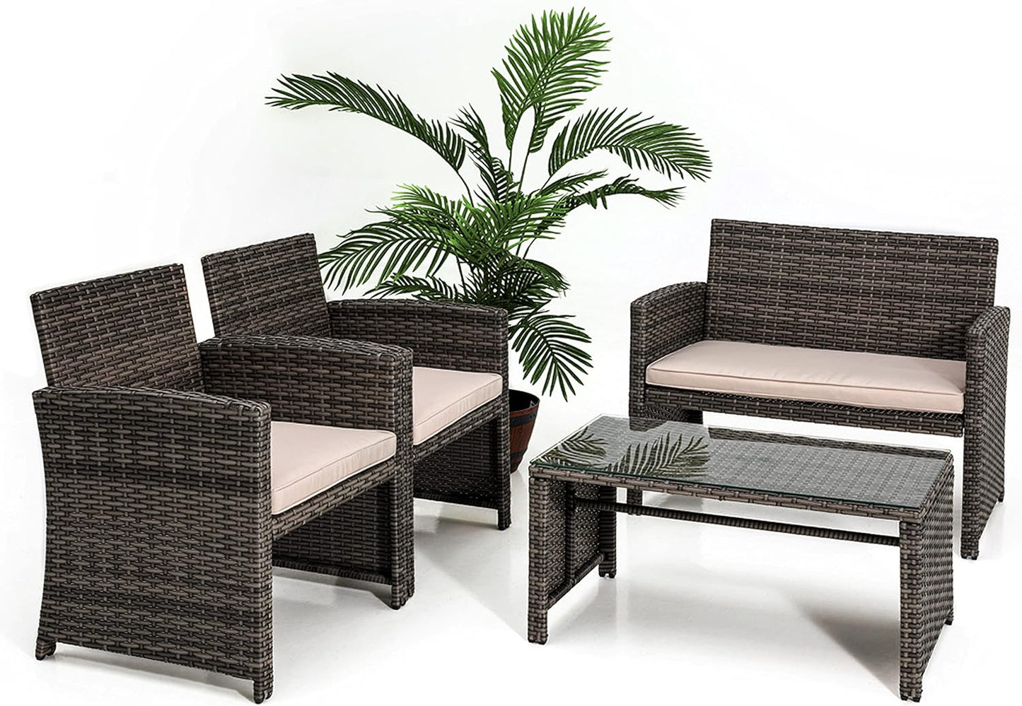 NEW - SereneLife Porch Furniture 4 Piece Accessories and Decor Outdoor, Balcony Patio Conversation, Bistro Set, PE Rattan Wicker Chairs w/Soft Cushion & Glass Coffee Table-SLOTFX5, Brown - Retail $218