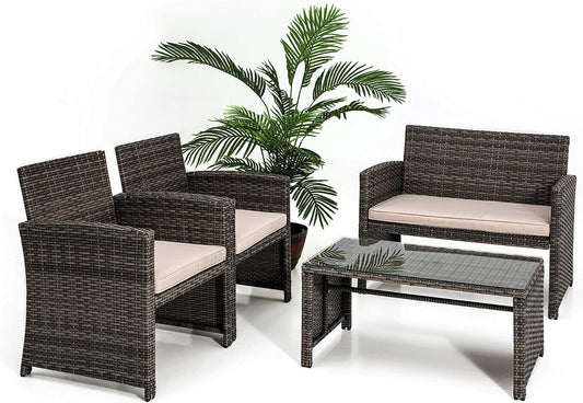 NEW - SereneLife Porch Furniture 4 Piece Accessories and Decor Outdoor, Balcony Patio Conversation, Bistro Set, PE Rattan Wicker Chairs w/Soft Cushion & Glass Coffee Table-SLOTFX5, Brown - Retail $218
