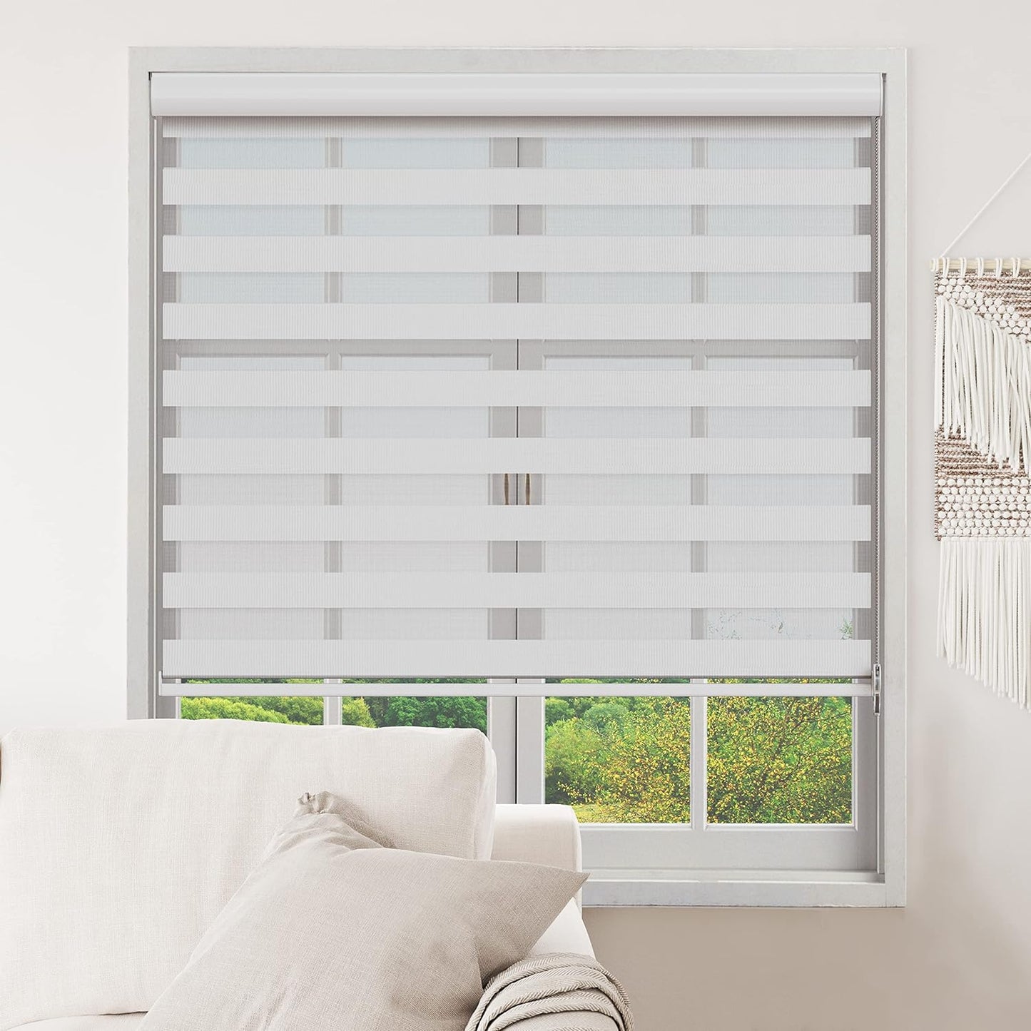 NEW - Zebra Blinds 46" x 72" Window Dual Layer Roller Shades, Corded Horizontal Blind, Day & Night Light Filtering Privacy Drapes for Living Room, Bedroom, Office, & Hotel with Easy Install, White, 72 Inch Length - Retail $102