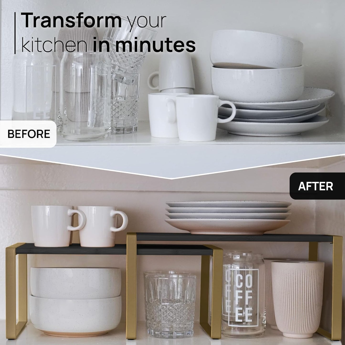 Ibyx Premium Kitchen Cabinet Organizer Shelf - Set of 3 Kitchen Counter Shelves - Stackable Shelf Racks for Cabinets - Metal Frame & Engineered Wood (Black Wood, Gold Frame)