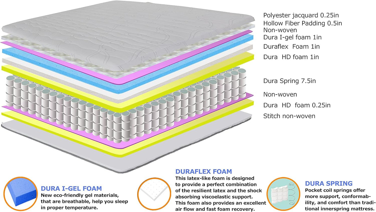 NEW - Olee Sleep 10 Inch Queen Mattress, Support Cloud Hybrid Mattress, Gel Infused Memory Foam, Pocket Spring for Support and Pressure Relief, CertiPUR-US Certified, Bed-in-a-Box, Soft, Queen Size - Retail $353