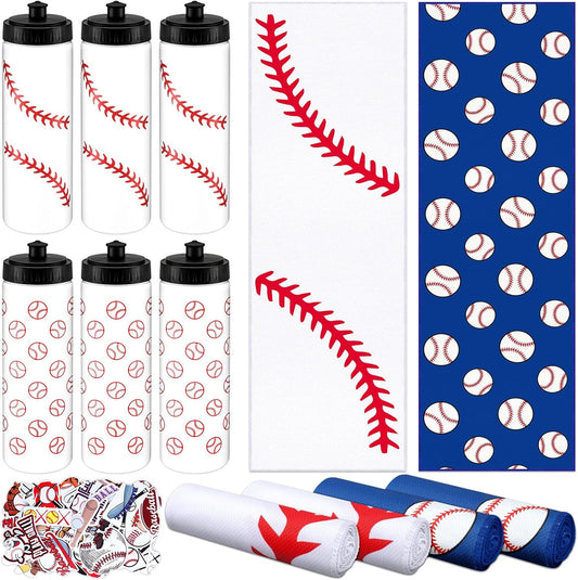 12 PCS 20 Oz Baseball Water Bottles & Cooling Towels Set with 50 Stickers for Sports Events & Gifts