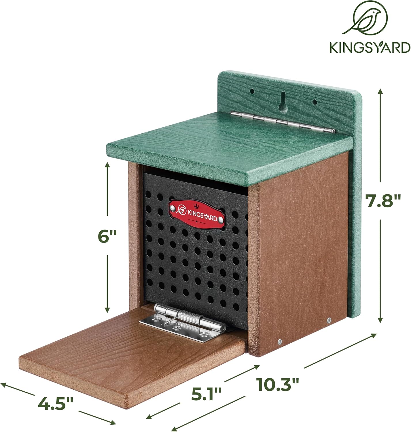 Kingsyard Squirrel Feeder Box for Outside, Recycled Plastic Squirrel Feeder with Removable Metal Front Panel & Perch, Easy to Fill & Clean, Weather-Proof Roof (Green)