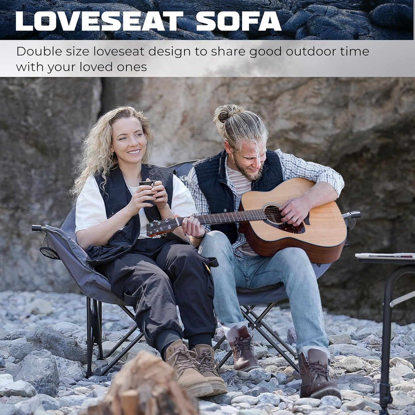 KingCamp Double Camping Chairs Oversized for Adults, Folding Padded Loveseat Campig Chair,Camping Couch with Cup Holder Wine Glass Holder,Support 440 lbs for Outdoor Lawn Beach Travel,Volcapetra - Retail $120