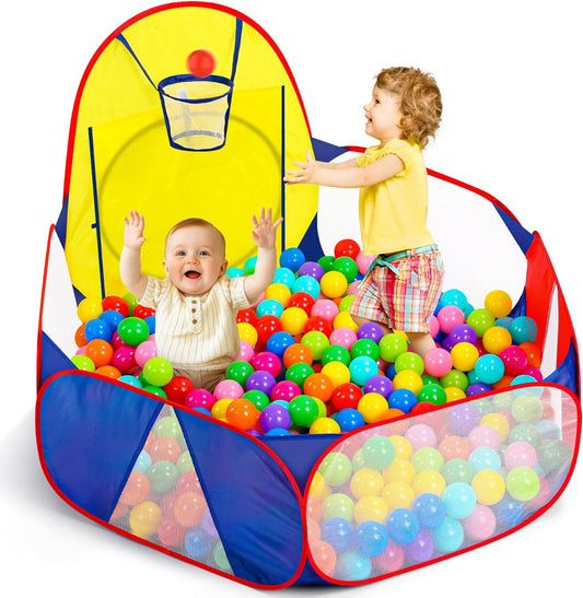 Playpen with Basketball Hoop and Zipper Storage Bag, 4 Ft/120CM, Balls Not Included (Blue Yellow Red)