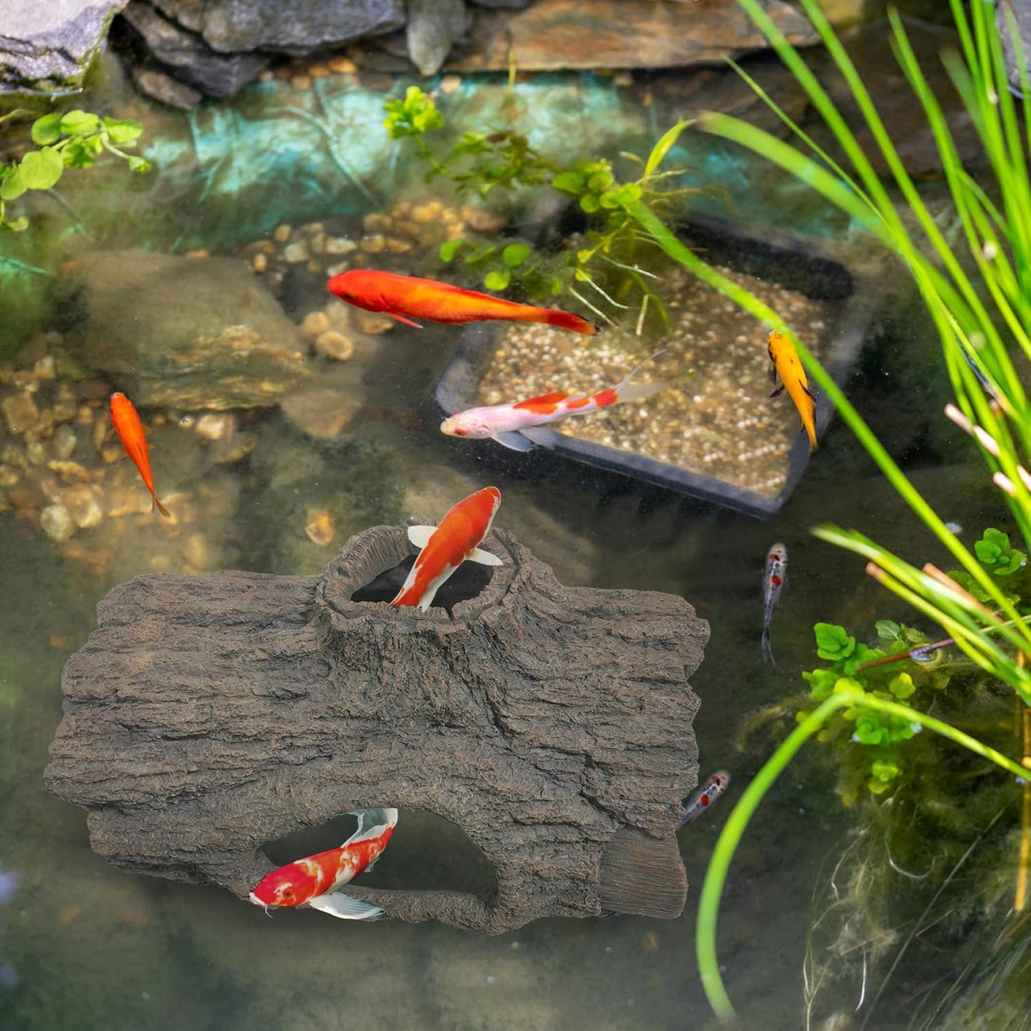Faux Log Fish Cave for Koi Pond, Large Realistic Tree Stump Hideout,for Reptiles, Wildlife and Ponds Hideaway