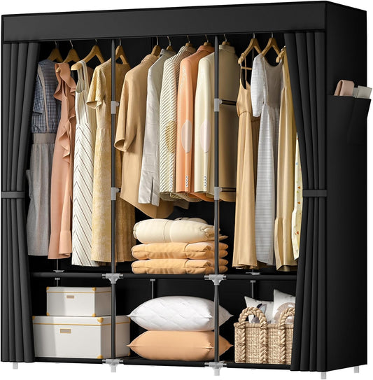 Wardrobe Closet，Portable Closets for Hanging Clothes,Free Standing Clothes Rack with Cover & 3 Hanging rods & 6 Storage Shelves & 2 Side Pockets