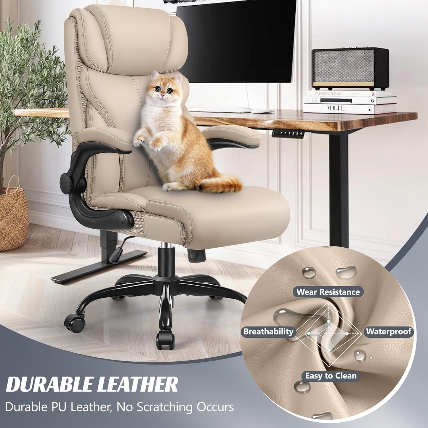 Office Chair, Ergonomic Big and Tall Computer Desk Chairs, Executive Breathable Leather Chair with Adjustable High Back Flip-up Armrests, Lumbar Support Swivel PC Chairs with Rocking Function - Retail $170