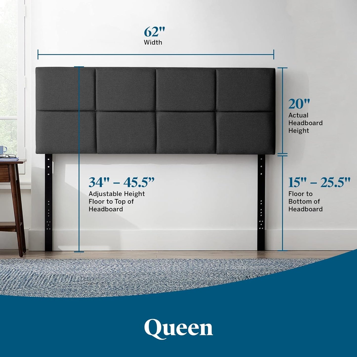 NEW - LUCID QUEEN Mid-Rise Square Channeled Upholstered Charcoal Attach Frame-Wall Mount Queen Headboard - Retail $118