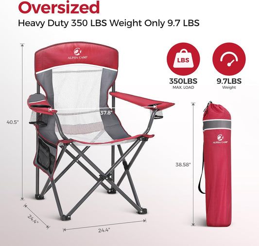 ALPHA CAMP Oversized Mesh Back Camping Folding Chair Heavy Duty Support 350 LBS Collapsible Steel Frame Quad Chair Padded Arm Chair with Cup Holder Portable for Outdoor (Red) - Retail $90