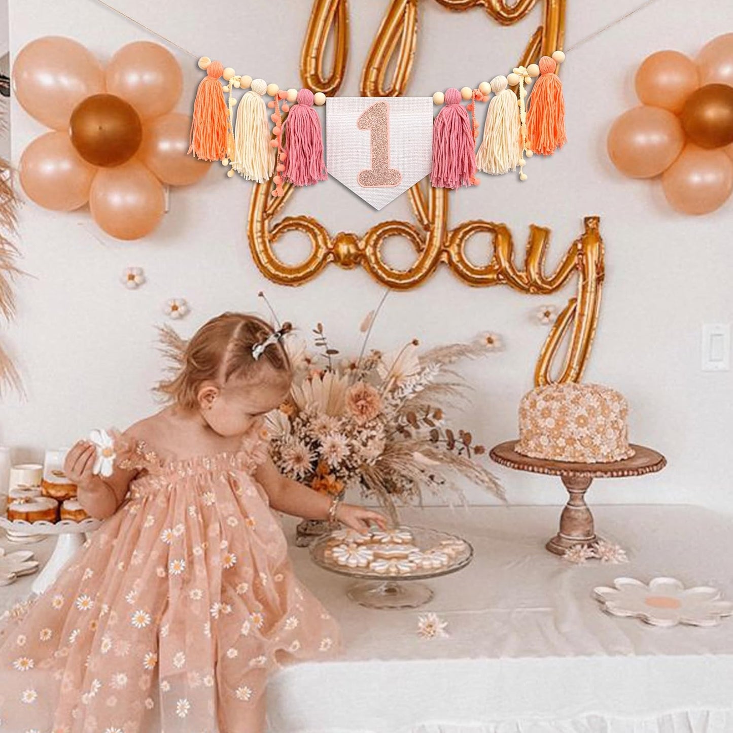 Baby Girl First Birthday High Chair Banner - Pink Tassel Garland,Fairy First Birthday Banner,Wall Hangings Decorative for Kids Photo Props
