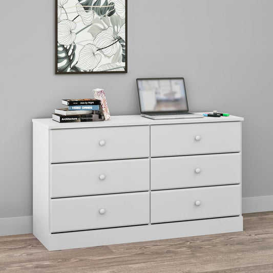 NEW - Prepac Astrid 6 Drawer Double Dresser for Bedroom, Wide Chest of Drawers, Bedroom Furniture, Clothes Storage and Organizer, 15.5" D x 47.5" W x 26.85" H, White - Retail $170