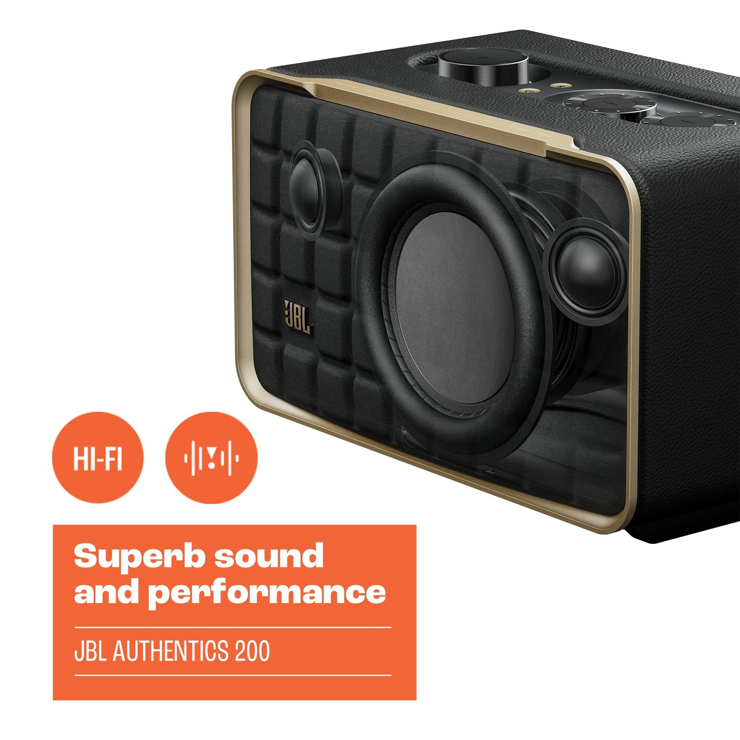 JBL Authentics 200 - Retro Style Smart Home Speaker with Built in Wi-Fi, Bluetooth and Voice Assistants, Alexa and Google Assistant, Multi-Room Playback, Automatic self tuning (Black/Gold)