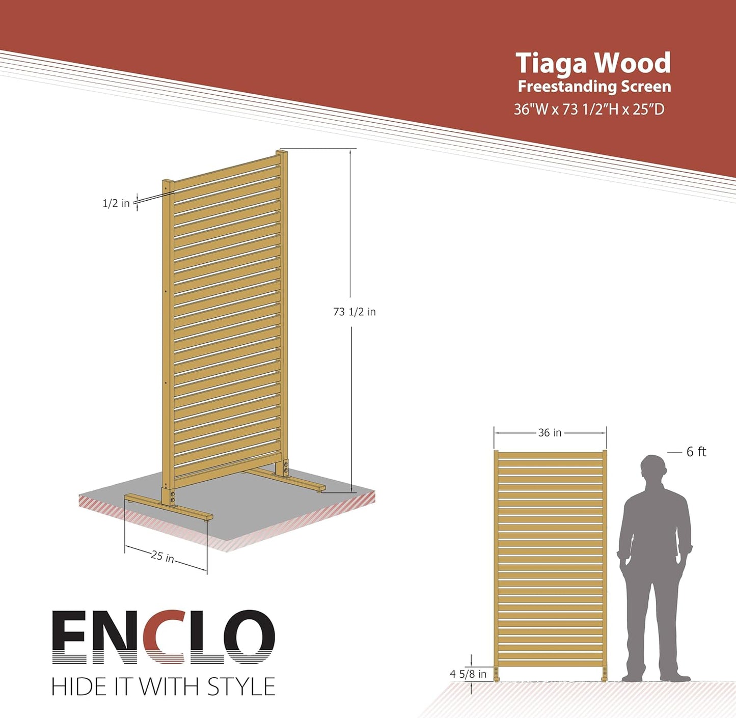 Enclo Privacy Screens EC18030 73.5in H x 36in W Tiaga Slatted Premium Wood Freestanding or Surface Mounted Privacy Screen Kit (1 Panel) - Retail $135