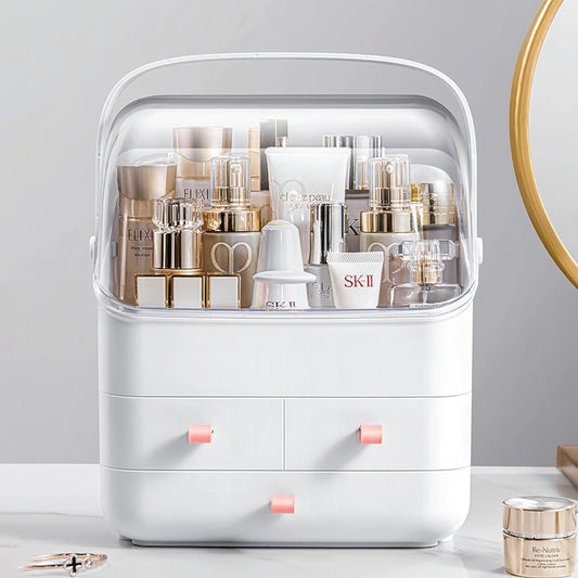 BRUUN Skin Care Cosmetic Storage Bin WHITE, A Large White Colored Dust and Water Proof Makeup Box with a Fully Open Lid & Drawers to Hold Brushes, Lotions, etc. for Countertop, Vanity, and Bathroom Dresser - Retail $35