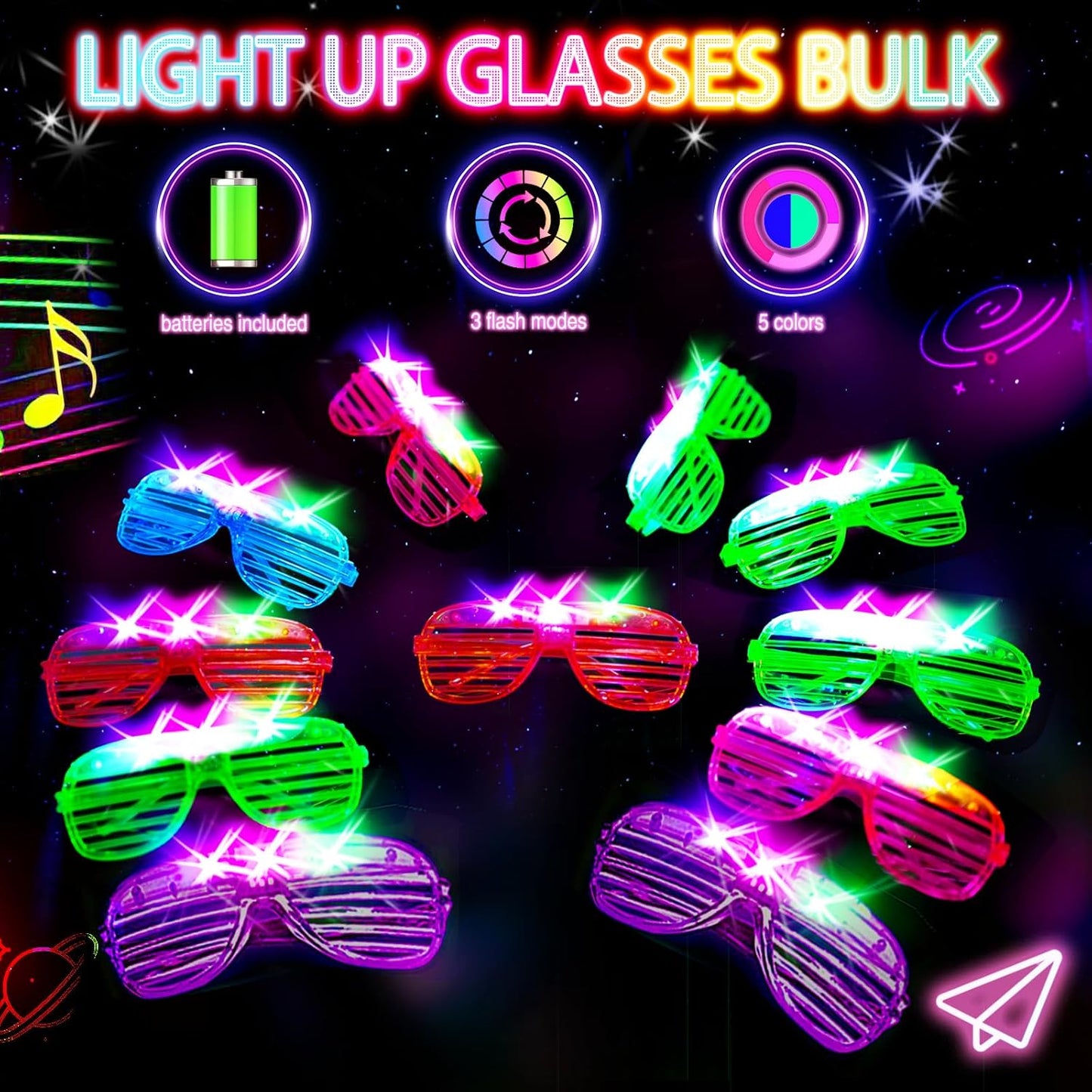 38PCS LED Glasses, Light Up Glasses, 5 Colors, 3 Light Modes, Glow in The Dark Party Supplies, Neon Party Favors for Birthday Gifts, Party Decorations, New Year, Carnival