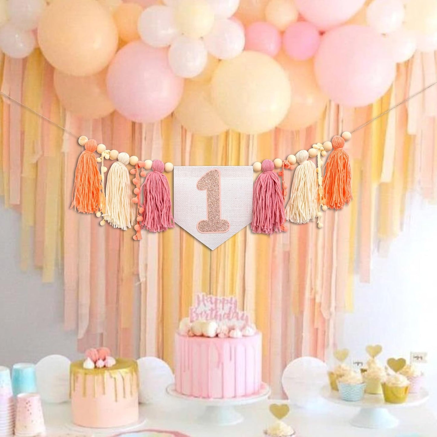 Baby Girl First Birthday High Chair Banner - Pink Tassel Garland,Fairy First Birthday Banner,Wall Hangings Decorative for Kids Photo Props