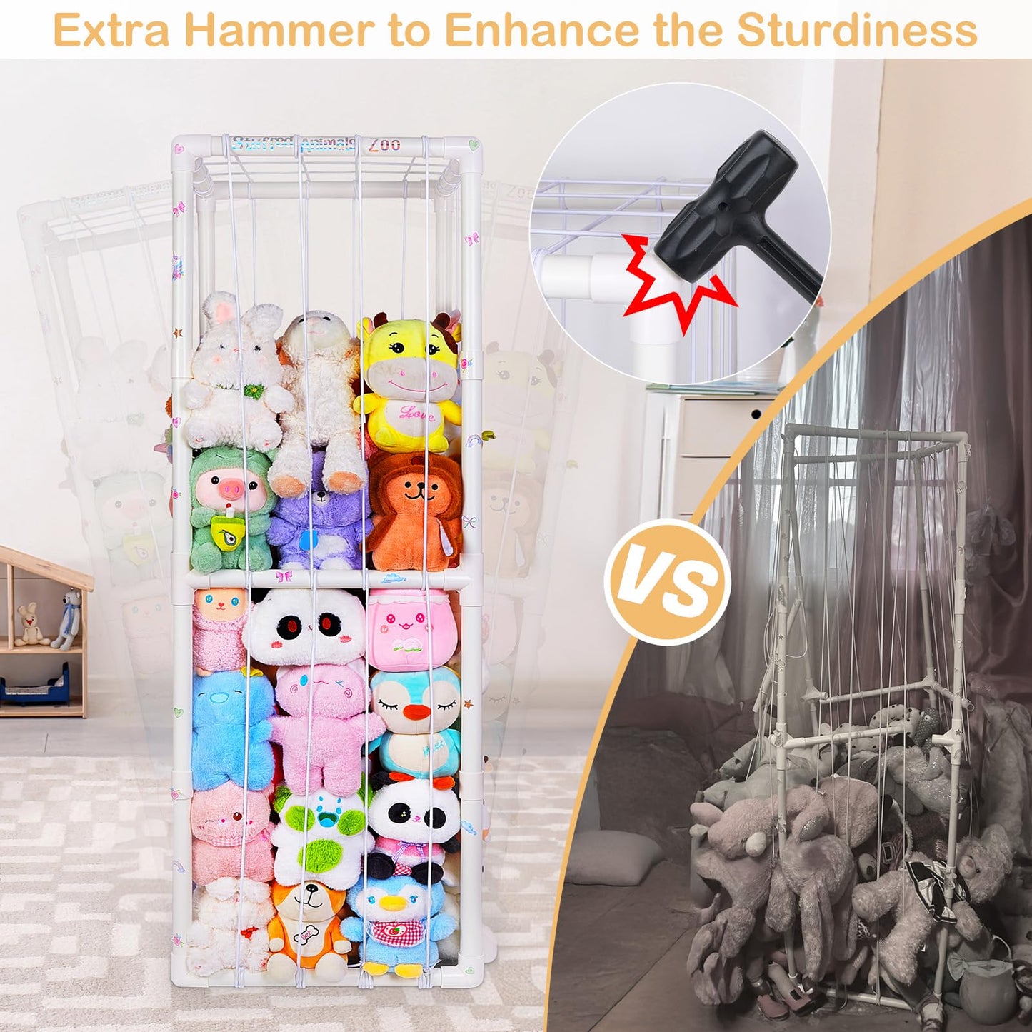 FIOBEE Stuffed Animals Storage Zoo Thicken PVC Tube Kids Toy Storage Organizer with Elastic Band Large Stuffed Animals Holder for Nursery Playroom Bedroom Room Furniture Plush Storage, White