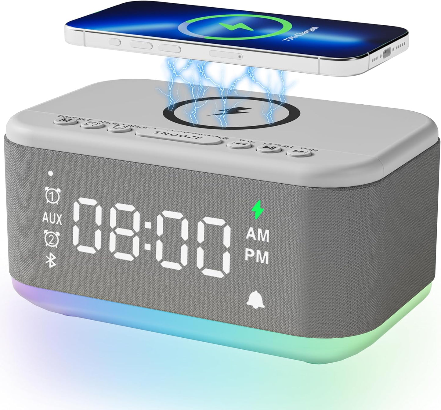 Alarm Clock Speaker Wireless Charger, Digital Alarm Clocks Bedrooms Bluetooth, Alarm Clock Dimmable Light Bedrooms Dual Alarm Snooze Dimmer 12 24H RGB Night Light Bluetooth USB AUX, White