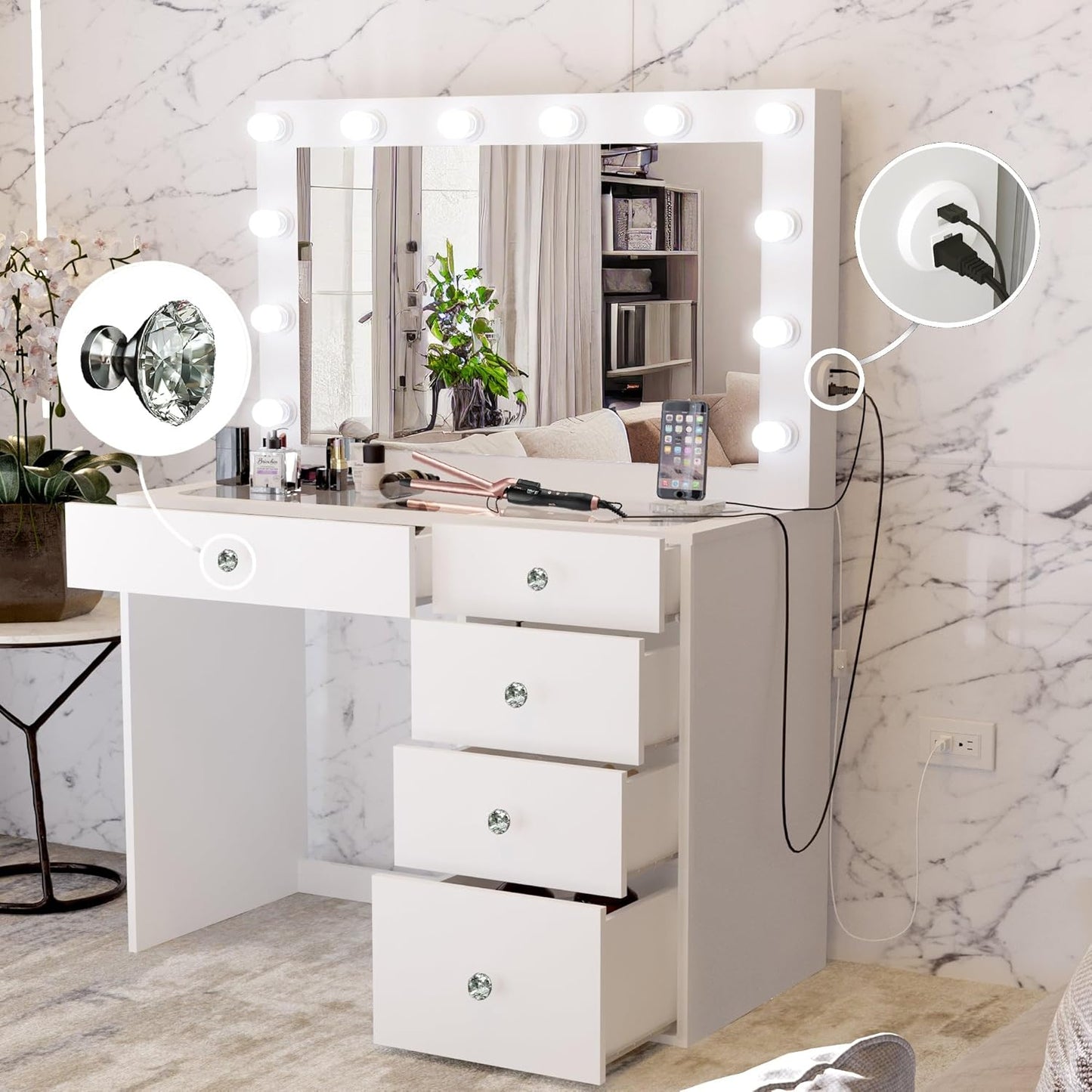 NEW W/ DMG - Boahaus Alana White Makeup Vanity Desk with Mirror and Lights, Crystal Knobs, 5 Drawers for Ample Storage, Glas Top, Elegant White Dressing Table with Mirror for Bedroom - Retail $245