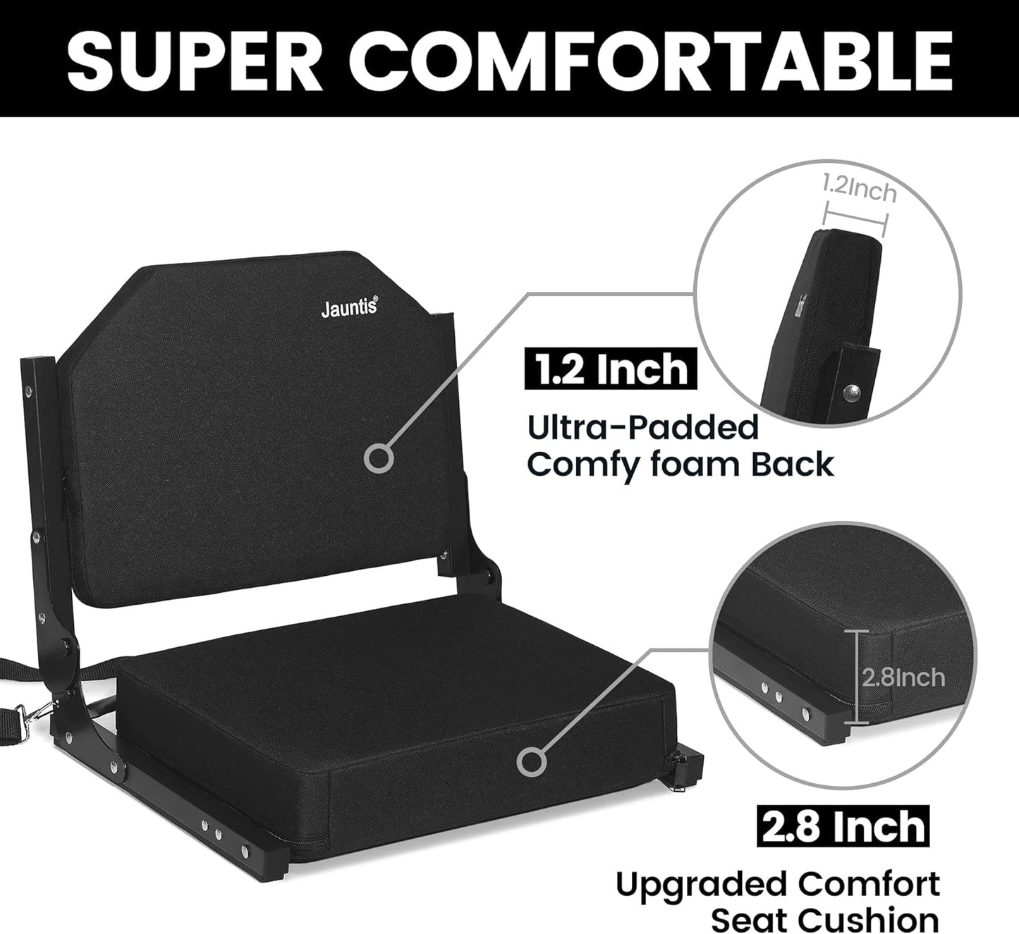 NEW - Jauntis Stadium Seats for Bleachers, Bleacher Seats with Ultra Padded Comfy Foam Backs and Cushion, Wide Portable Stadium Chairs with Back Support and Shoulder Strap, 2 Pack, Black - Retail $95