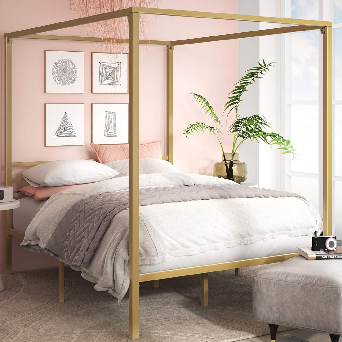 Zinus Patricia Gold Metal Canopy Platform Bed Frame, Mattress Foundation with Steel Slat Support, Queen