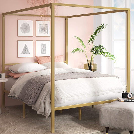 Zinus Patricia Gold Metal Canopy Platform Bed Frame, Mattress Foundation with Steel Slat Support, Queen