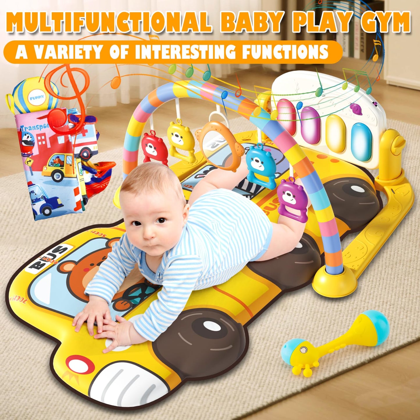 Cartoon Bus Theme Baby Piano mat Kick and Play Gym playmat,Baby Play mat Tummy time mat Fitness Piano with Music and Lights (Bus Baby Play mat(Yellow))