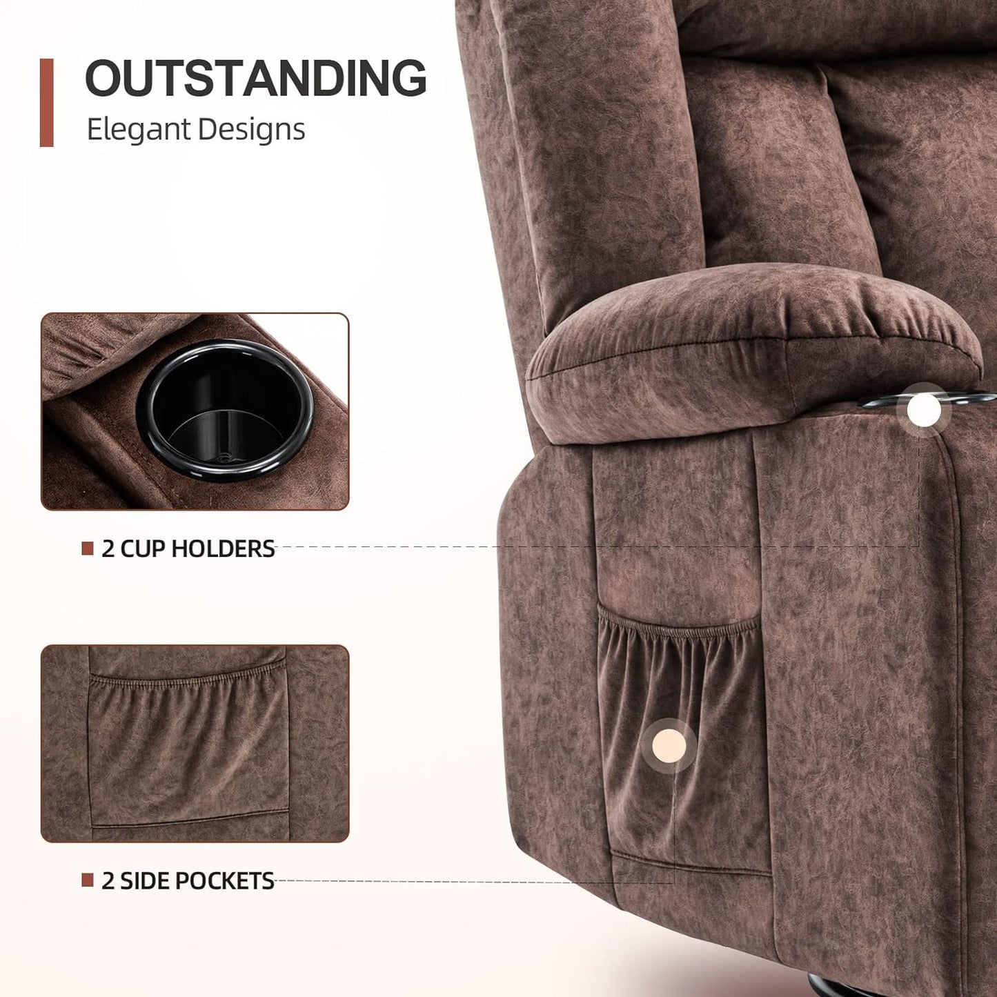 NEW - COMHOMA Recliner Chair Massage Rocker with Heated 360 Degree Swivel Lazy Boy Recliner Single Sofa Seat with Cup Holders for Living Room (brown) - Retail $289