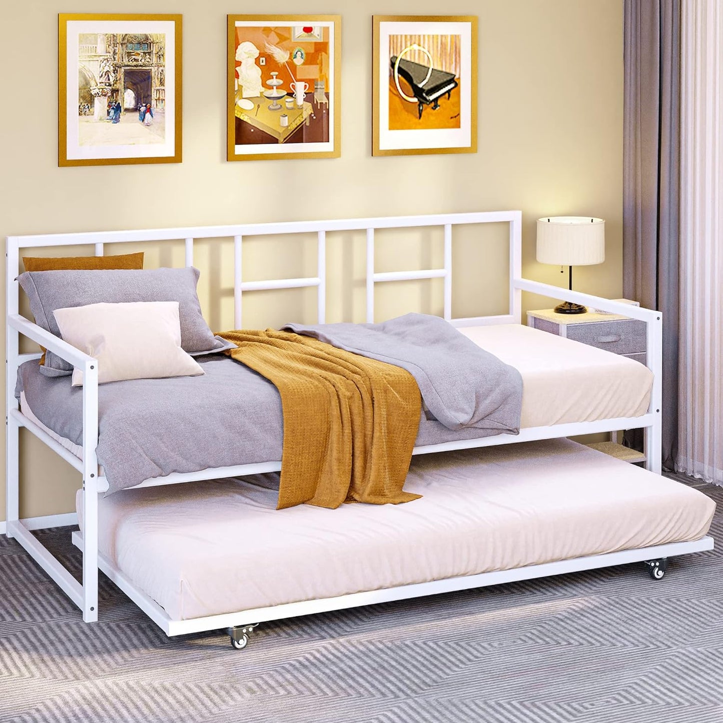 NEW - YITAHOME Twin Daybed with Pull Out Trundle/Steel Slat Support/Space Saving Adjustable Height Trundle Bed and Multi-Functional Furniture for Living Room and Guest Room, White - Retail $209