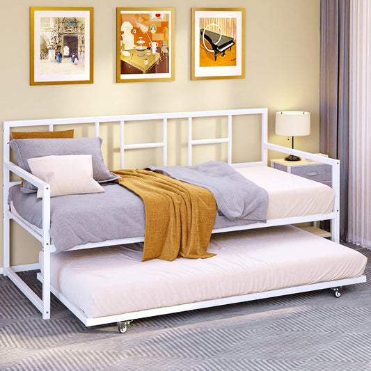 NEW - YITAHOME Twin Daybed with Pull Out Trundle/Steel Slat Support/Space Saving Adjustable Height Trundle Bed and Multi-Functional Furniture for Living Room and Guest Room, White - Retail $209