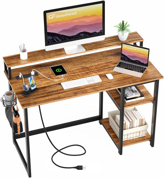 NEW - GreenForest Computer Desk with USB Charging Port and Power Outlet, Reversible Home Office Desk with Monitor Stand and Storage Shelves, 40 inch Work Desk with Cup Holder and Hook, Walnut - Retail $99