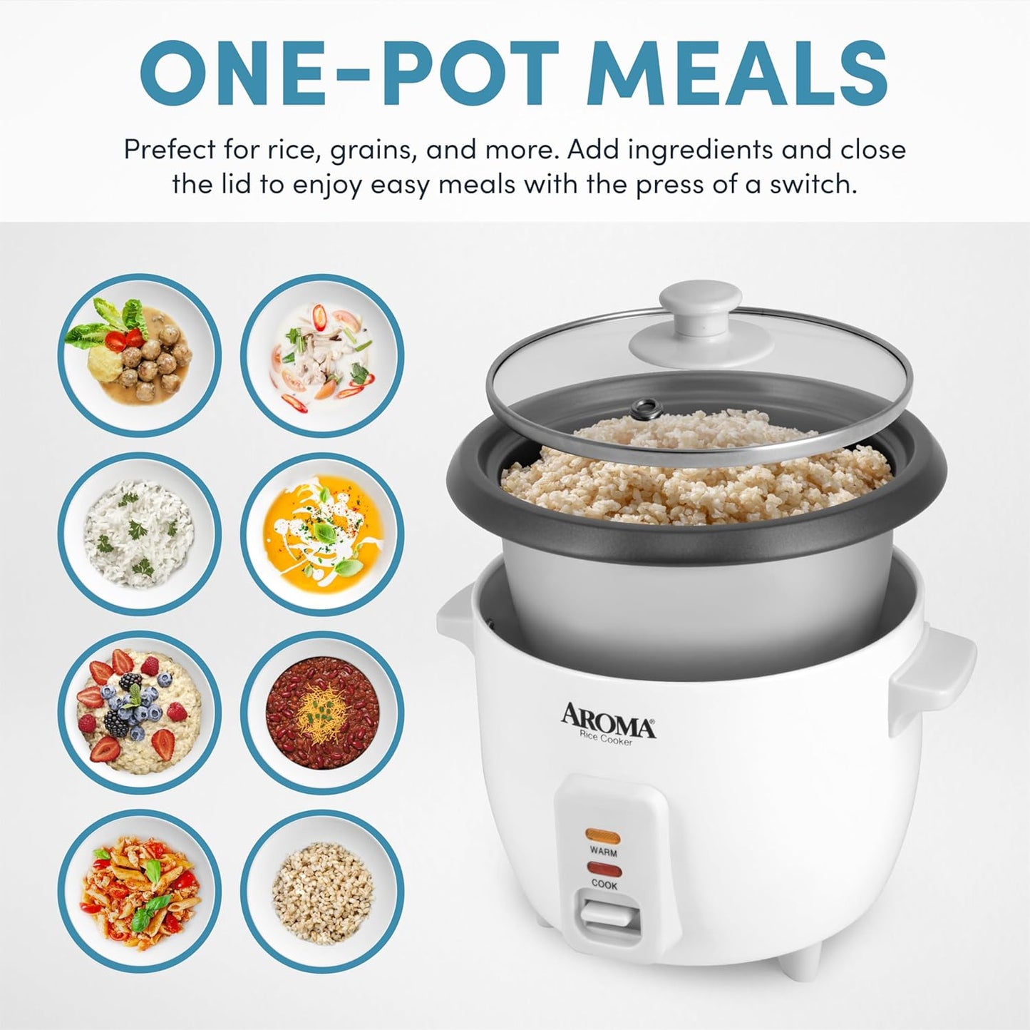 NEW - Aroma Housewares Aroma 6-cup (cooked) 1.5 Qt. One Touch Rice Cooker, White (ARC-363NG), 6 cup cooked/ 3 cup uncook/ 1.5 Qt.