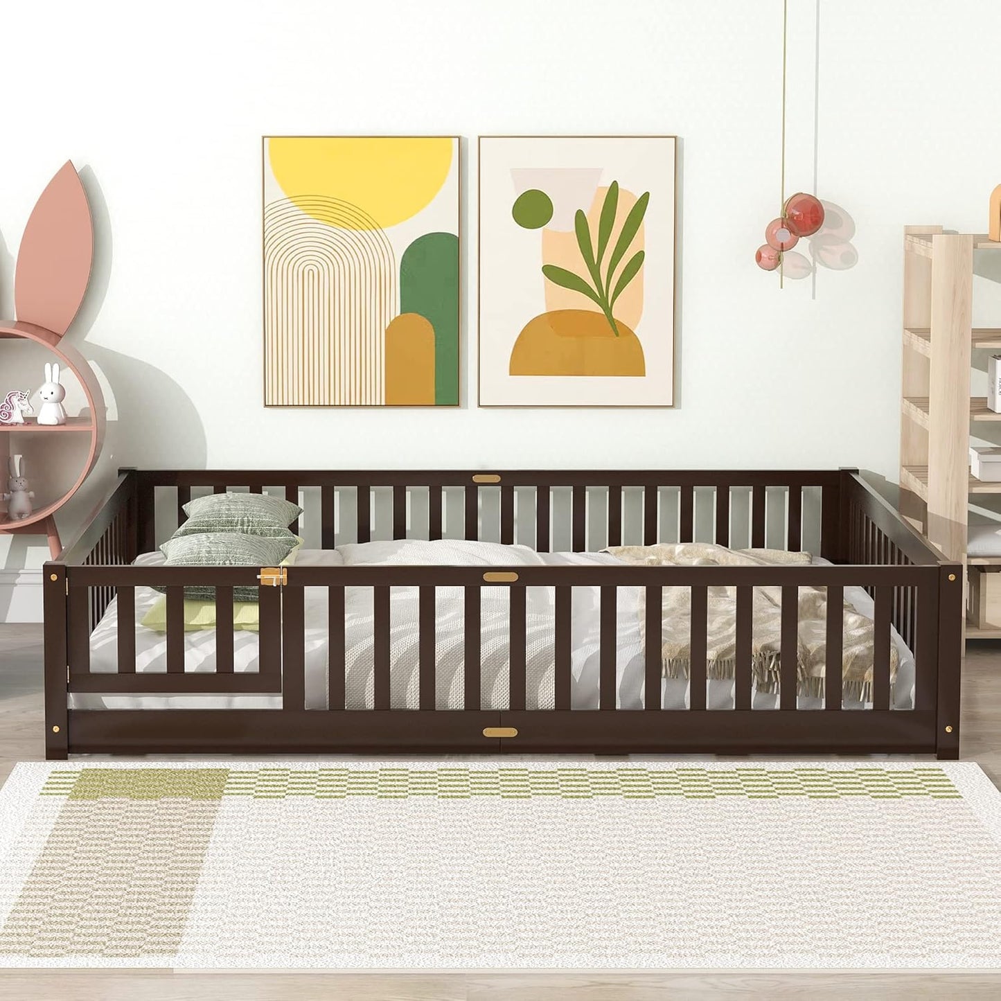 NEW - Dolonm QUEEN Size Montessori Bed, Toddler Floor Bed for Kids, Floor Platform Bed with Fence Guardrails and Door, Montessori Floor Bed Frame, Wooden Floor Bed Toddler, Espresso