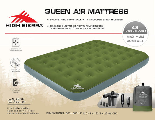 HIGH SIERRA, Indoor / Outdor Camping Air Mattress with Electric Pump + Car Adapter, 2 Person Inflatable Camp / Bedroom Pad, 80 X 60 X 9 Inches Outdoor / Indoor Airbed