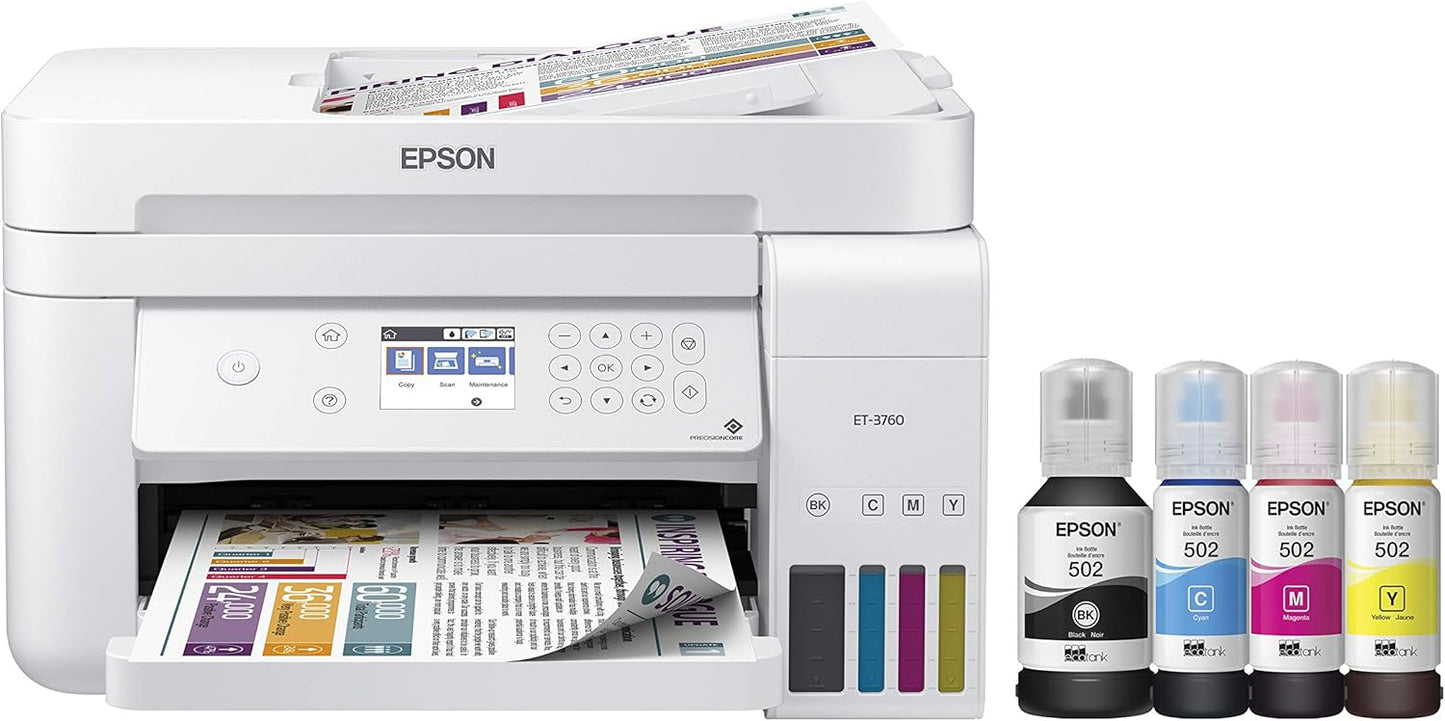 Epson EcoTank ET-3760 Wireless Color All-in-One Cartridge-Free Supertank Printer with Scanner, Copier and Ethernet, Regular - Retail $360
