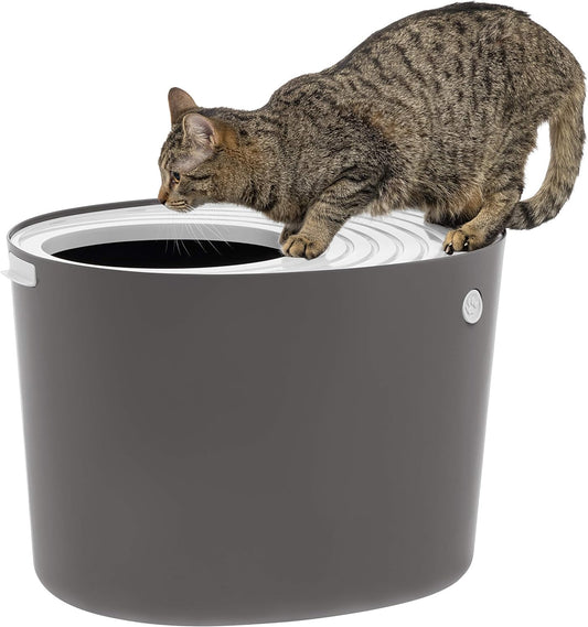 NEW - IRIS Top Entry Cat Litter Box, Large, Dark Gray/White - Retail $34