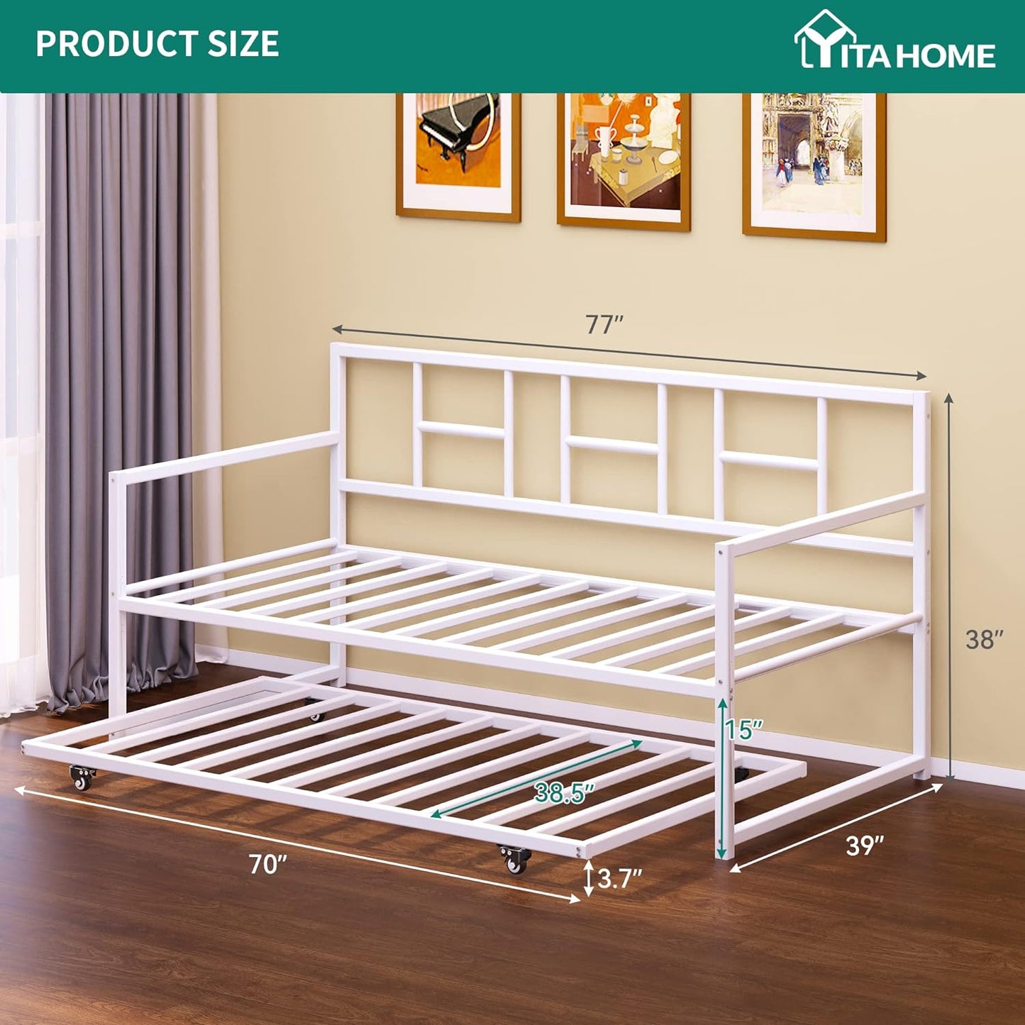 NEW - YITAHOME Twin Daybed with Pull Out Trundle/Steel Slat Support/Space Saving Adjustable Height Trundle Bed and Multi-Functional Furniture for Living Room and Guest Room, White - Retail $209