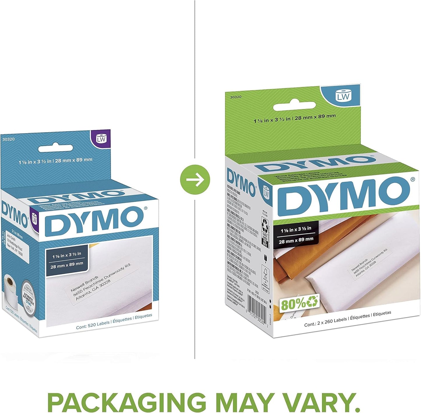 DYMO LW Mailing Address Labels for LabelWriter Label Printers, White, 1-1/8'' x 3-1/2'', 2 Rolls of 260