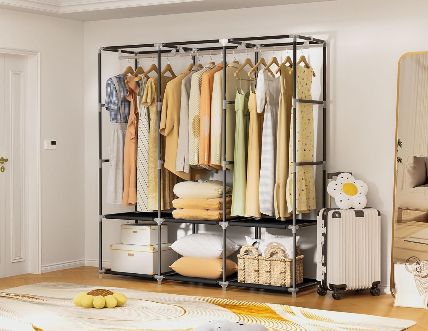 Wardrobe Closet，Portable Closets for Hanging Clothes,Free Standing Clothes Rack with Cover & 3 Hanging rods & 6 Storage Shelves & 2 Side Pockets