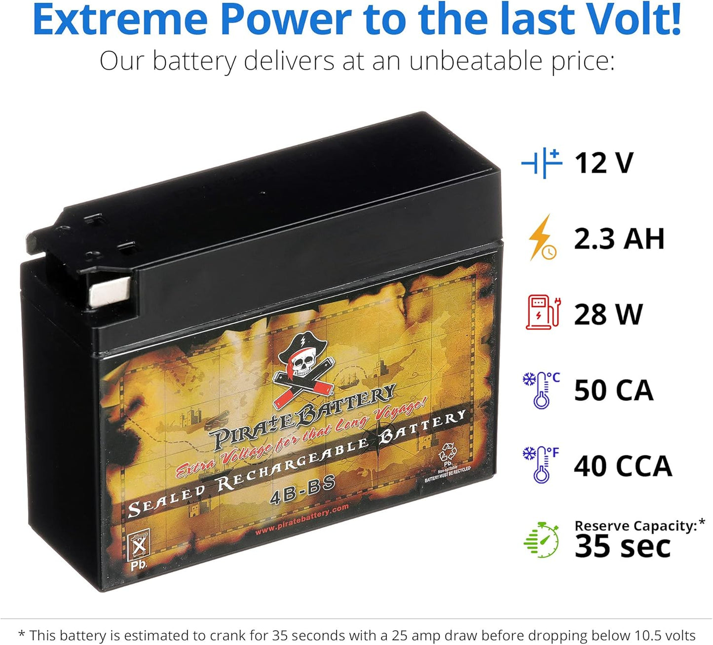 NEW - Pirate Battery 4B-BS Maintenance Free Replacement Battery for Suzuki and Yamaha Motorcycle: 12 Volts, 3 Amps, 2.3 Ah, Tab Terminal - Retail $17