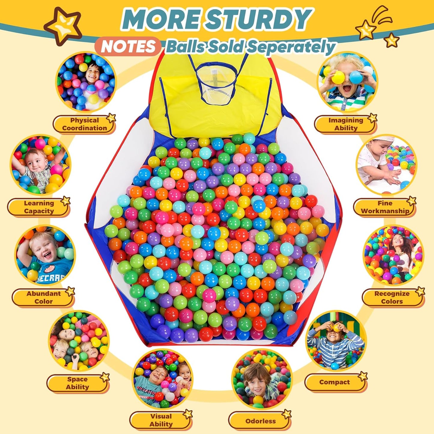 Playpen with Basketball Hoop and Zipper Storage Bag, 4 Ft/120CM, Balls Not Included (Blue Yellow Red)