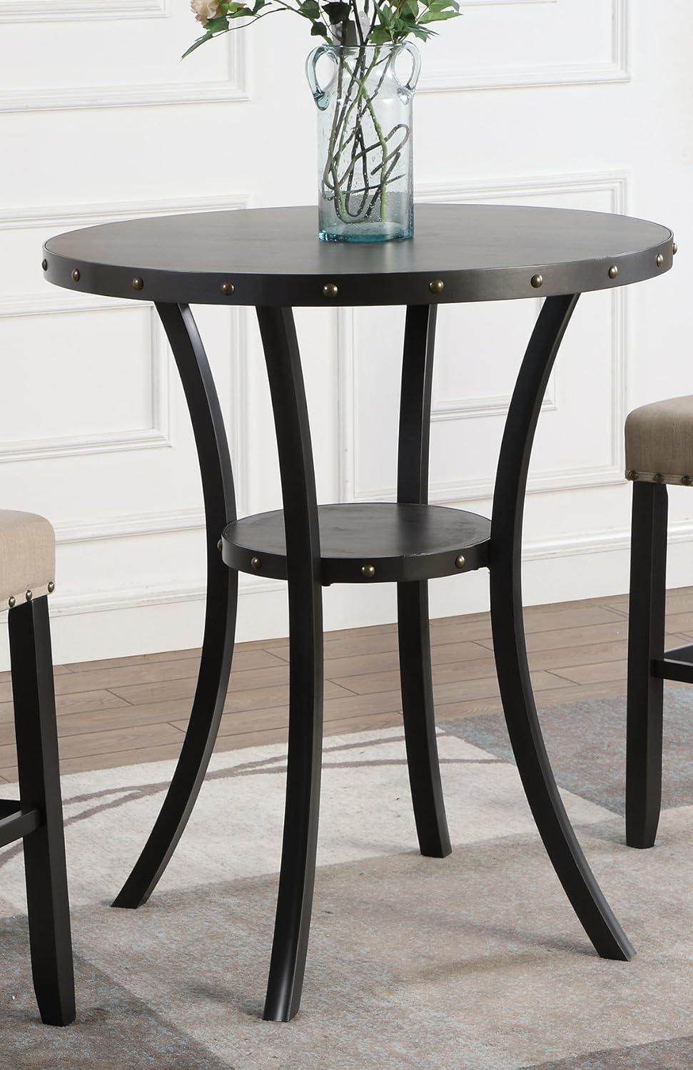 NEW - Roundhill Furniture Biony 3 Piece Set - 36" Round Espresso Bar Table with Nail Head Stools, Tan - Retail $294